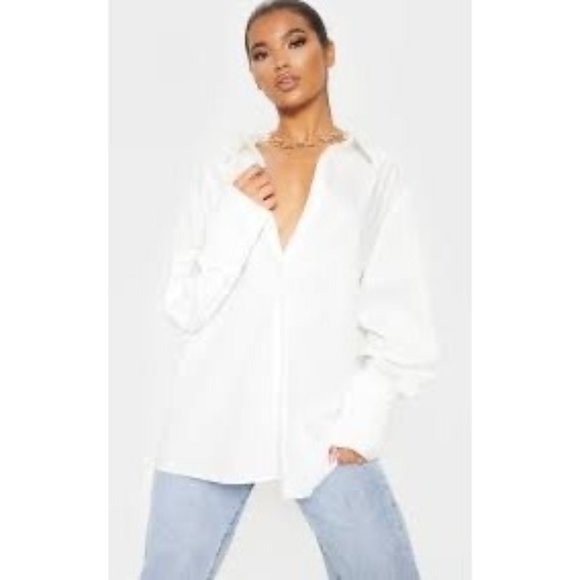 Were All Pretty Girls Shirt Womens XS White Oversized Cuff Poplin Long Sleeve - Picture 1 of 6